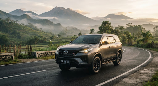 Toyota Fortuner GR Sport abu-abu metalik melintasi jalur pegunungan