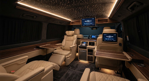 Interior Toyota HiAce Premio Luxury Lounge dengan langit-langit starlight dan kursi captain kulit