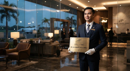 Chauffeur memegang papan penyambut nama tamu di lounge VIP bandara