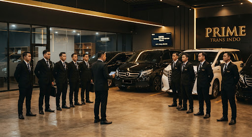 Para pengemudi VIP berseragam lengkap saat briefing di depan armada luxurious