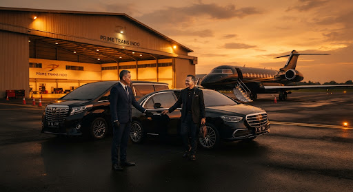 Armada VIP Alphard dan Mercedes-Benz berada di depan hangar pesawat privat